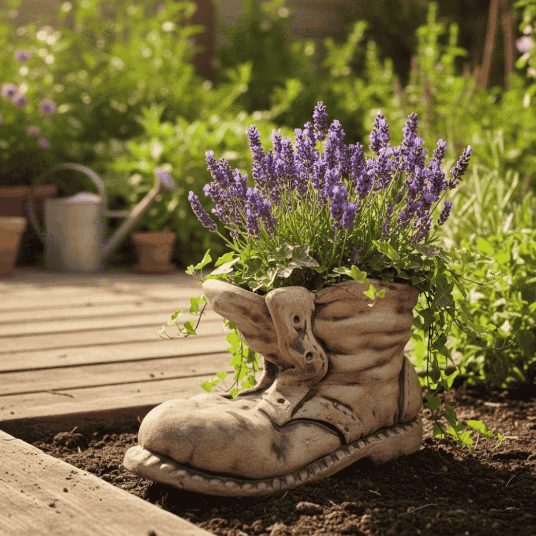Keramická bota osázená květinami